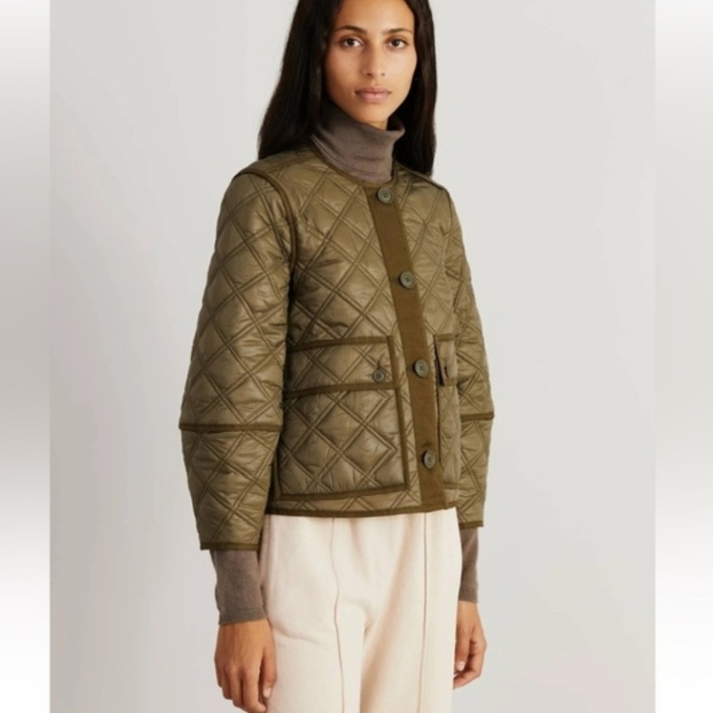 Veronica Beard Marika Reversible Quilted Jacket Army Green/Tan Collarless Small